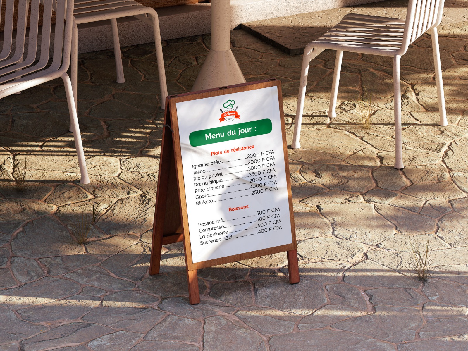 Le chevalet du menu du jour devant la terrasse